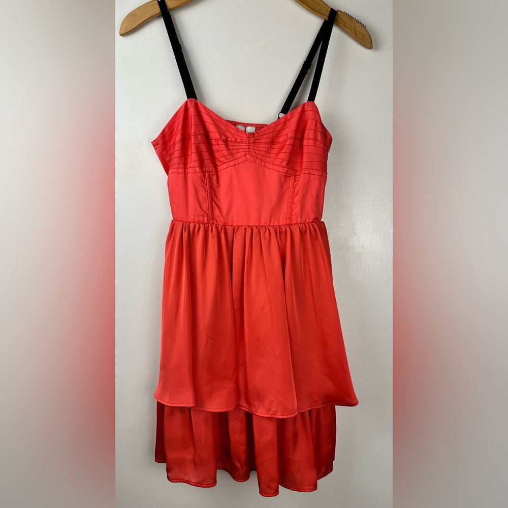 GO International Coral Babydoll Dress Sz 3 Tiered Hem Adjustable Straps Side Zip
